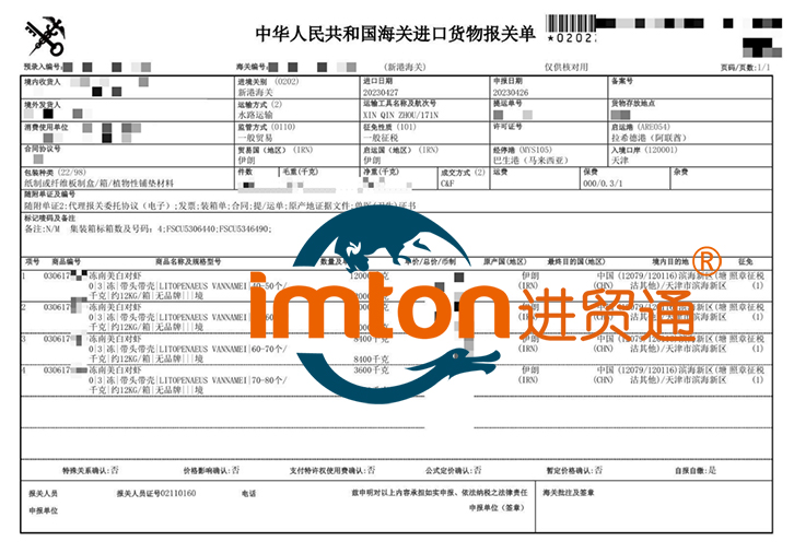 進口伊朗冷凍南美白對蝦報關